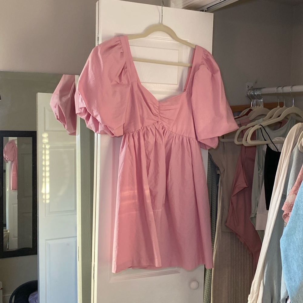 Showpo Vashti Mini Dress - Puff Sleeve Sweetheart Dress in Light Pink
